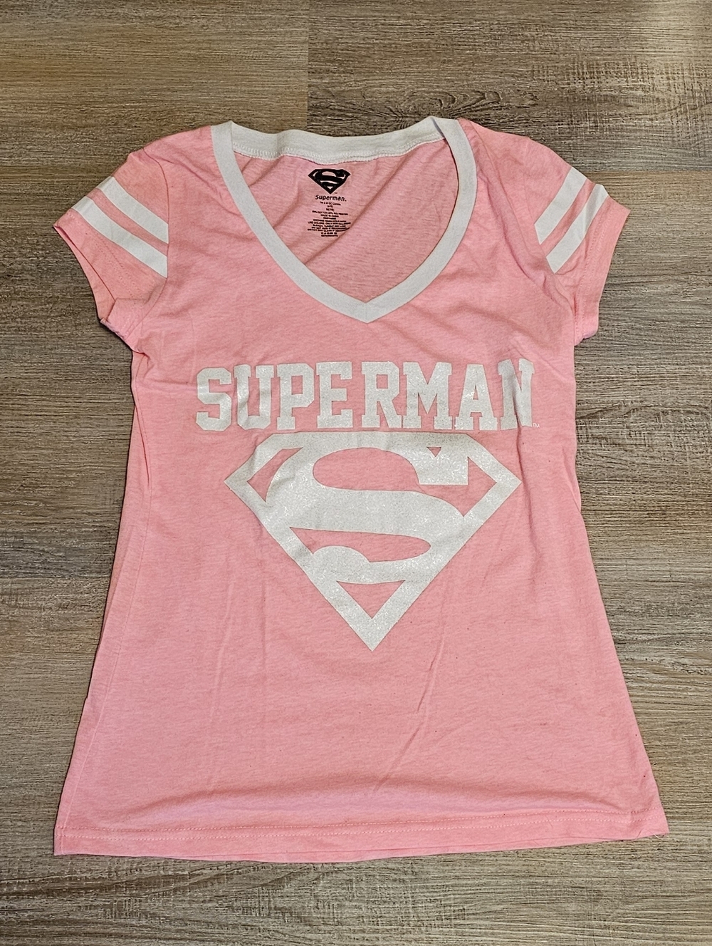 DC Comics Superman Pink Varsity Graphic V-Neck Short Sleeve T-Shirt